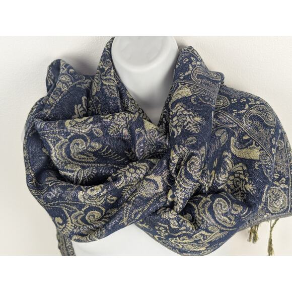 Elegant Navy & Gold Paisley Scarf ~ 72" Long ~ Soft Fringe Wrap Lightweight - Picture 8 of 8